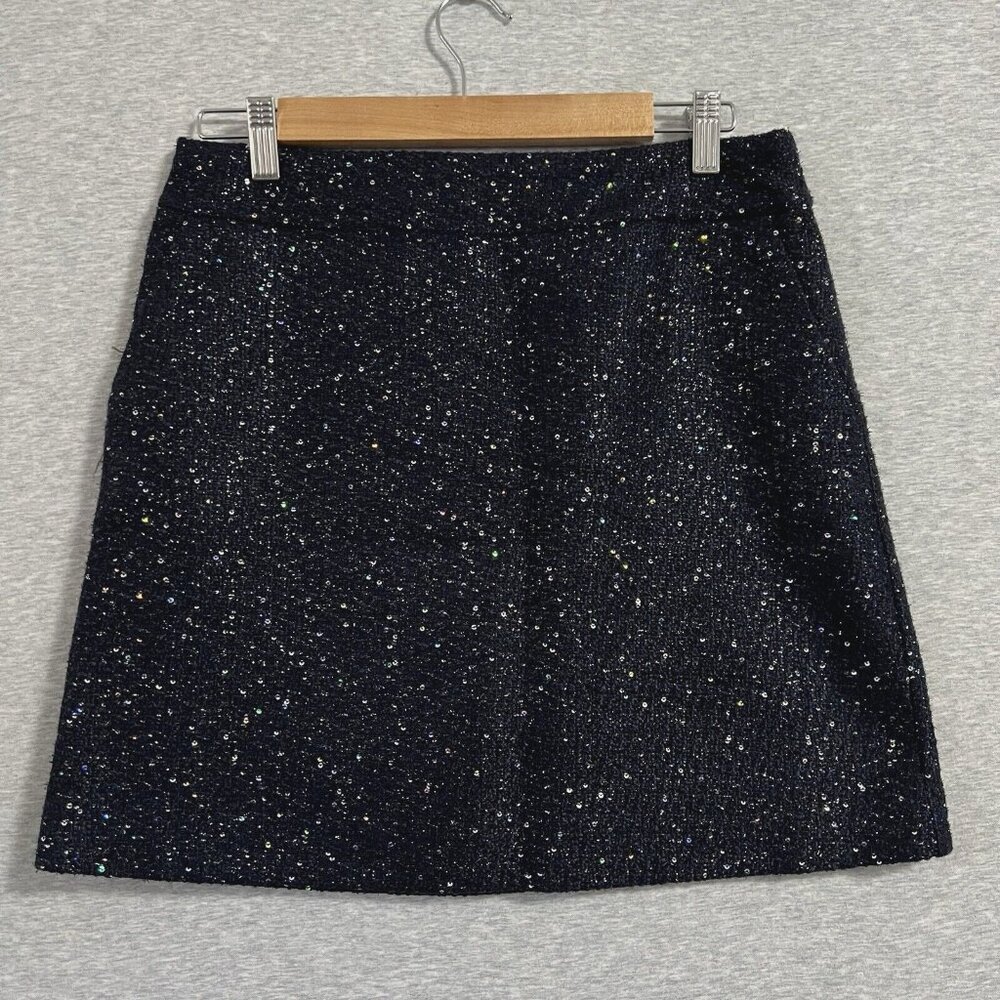 Loft Skirt Womens 6 Petite Navy Blue Tweed Sequin Glitz Holiday Disco Evening